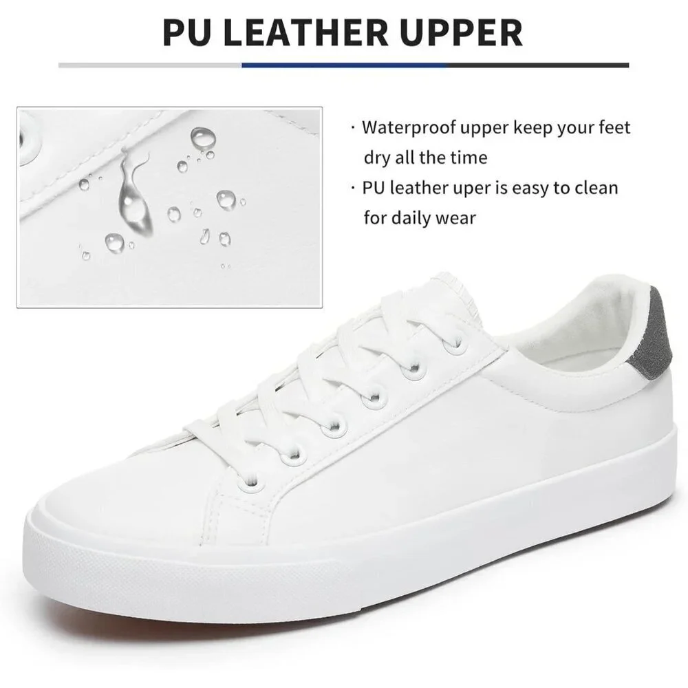 Mens White Tennis Shoes Low Top Fashion Sneakers PU Leather Casual Footwear